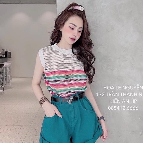 ÁO BA LỖ, ÁO SÁT NÁCH LƯỚI PHỐI KẺ SẮC CẦU VỒNG, CỔ TRÒN DÁNG NGẮN CHẤT LEN DỆT KIM TRẺ TRUNG CÁ TÍNH CHO NỮ