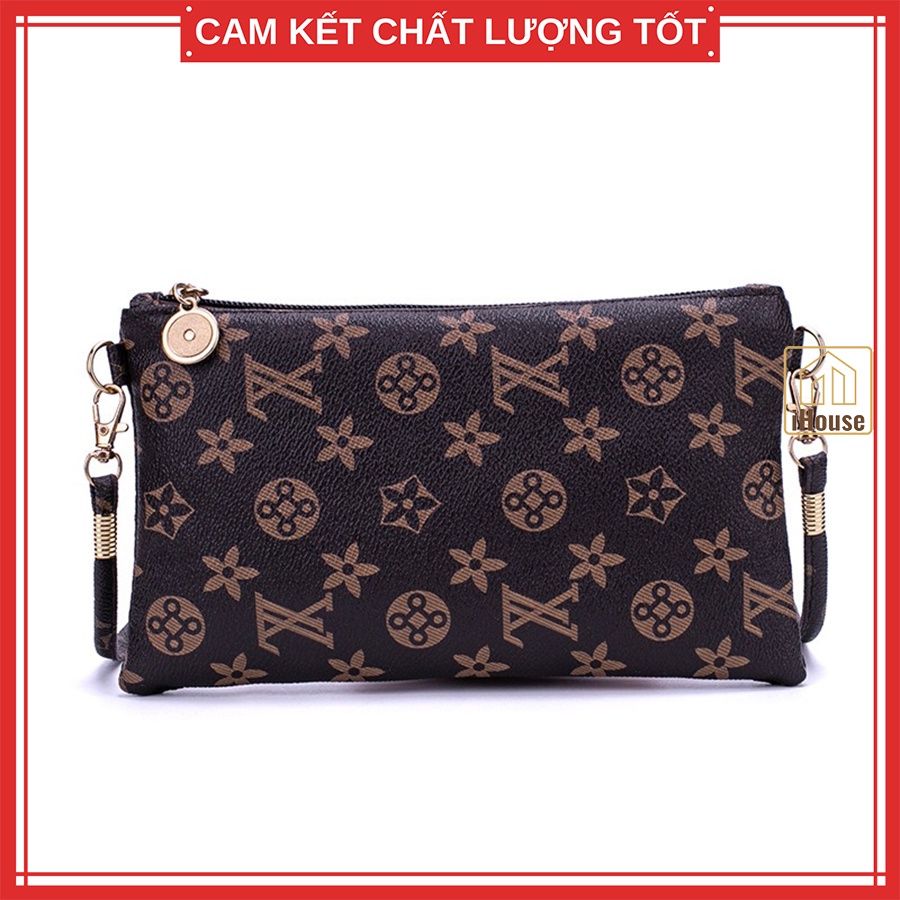 Túi ví ngang nữ có dây đeo vai giá rẻ, Cluth clutch ngang nữ để điện thoại màu nâu Cafe dây đeo nâu và đỏ