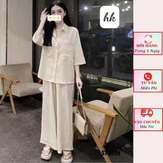 Set áo sơ mi đũi xốp túi hộp kèm quần suông ống rộng đi biển ulzzang Hàn Quốc