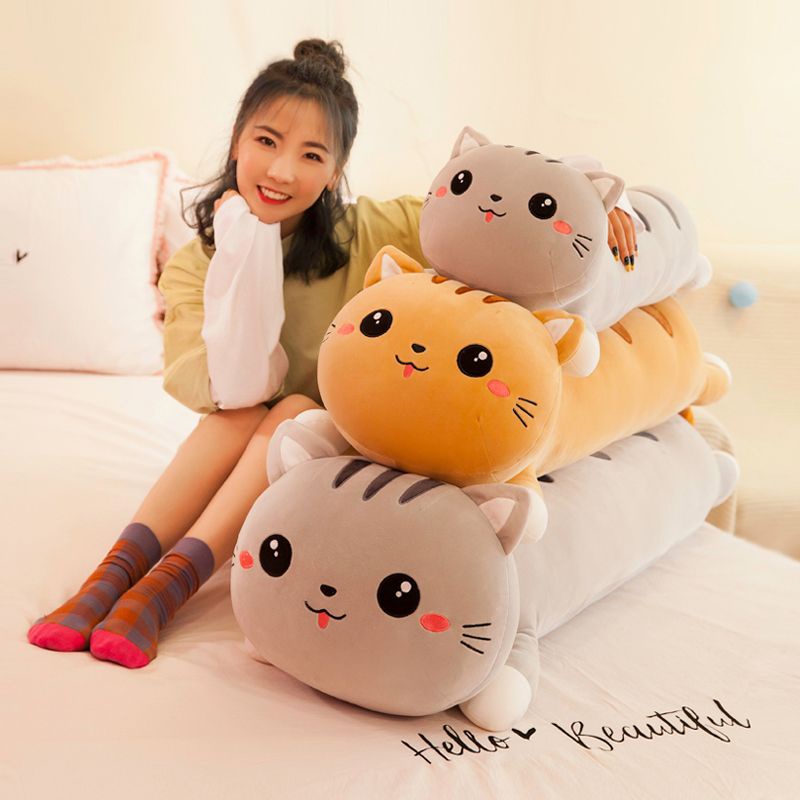 Gối ôm mèo, gấu bông mèo nằm vàng xám hồng, mèo nằm nhồi bông mắt tròn lưng vằn bông mịn _ Unishop