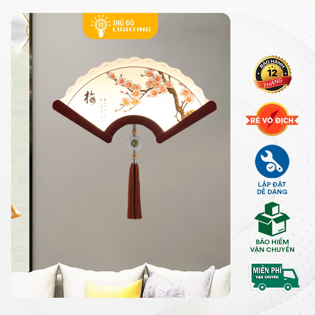 Đèn Tường Led Trang Trí THỦ ĐÔ LIGHTING Hình Quạt Họa Tiết Hoa Đào Ánh Sáng Led Vàng Công Suất 8W-12W
