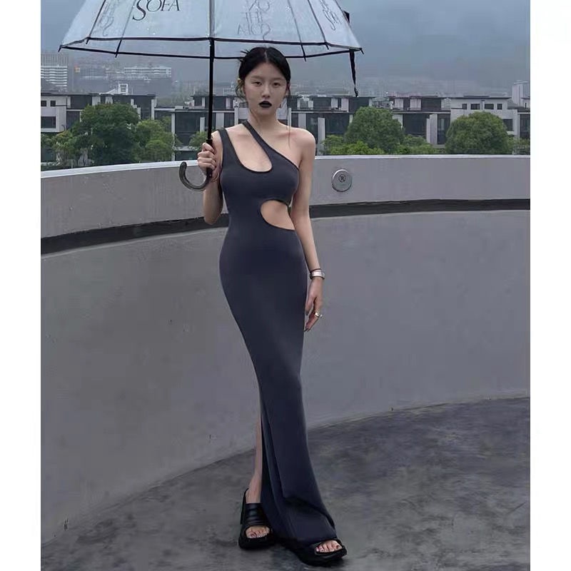 European and American sexy minority foreign style asymmetrically hollowed-out dresses show thin chest oblique collar one-shoulder waist and hip long skirt