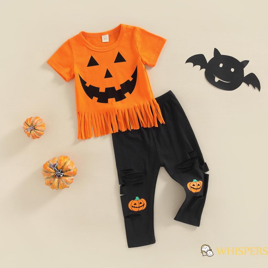 Set Đồ Halloween 2 Món Gồm Áo Thun Tay Cộc In Họa Tiết Bí Ngô + Quần Rách Tua Rua Cho Bé Gái 1-5 Tuổi
