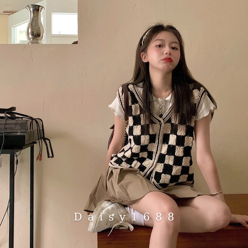 Áo Khoác Gile Không Tay Cổ V, Kẻ Caro Thời Trang Hàn Quốc Daisy1688