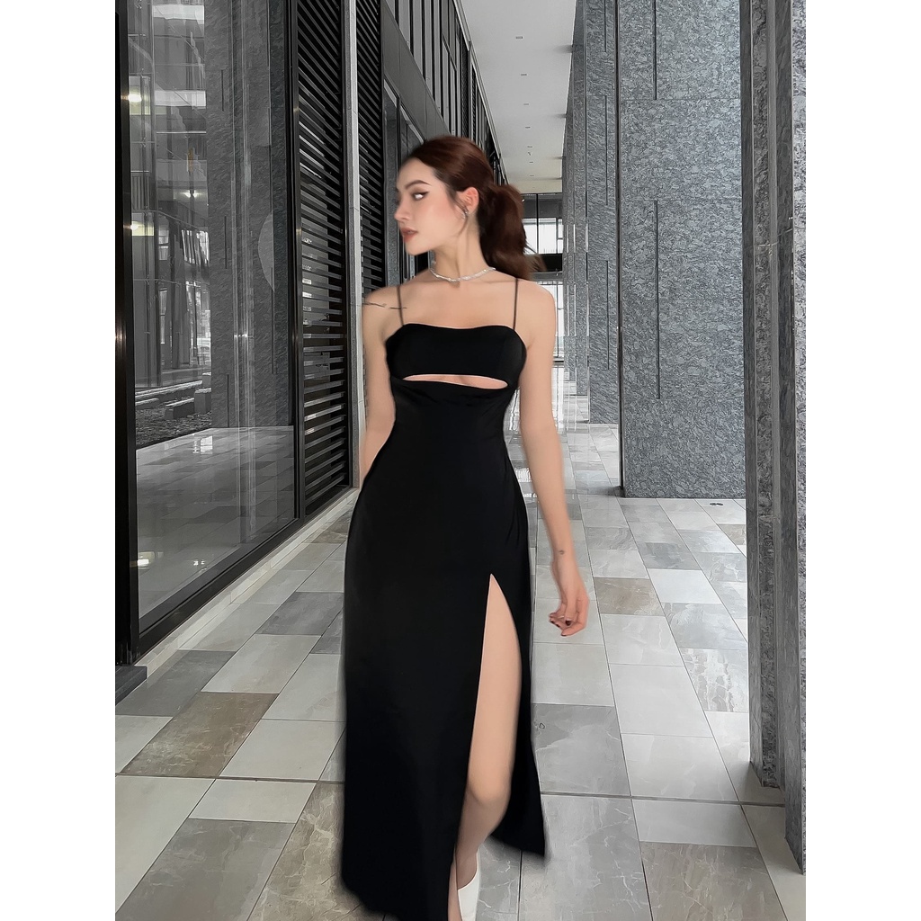 Đầm 2 Dây Khoét Ngực Xẻ Dài LSEOUL V1394 Vải Lụa Sang Trọng Quyến Rũ Phù Hợp Đi Tiệc