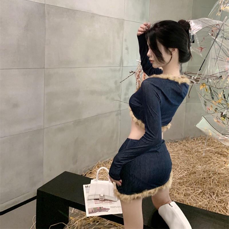 Set Áo Khoác Denim Tay Dài Cổ Chữ V + Chân Váy Mini Phong Cách Quyến Rũ