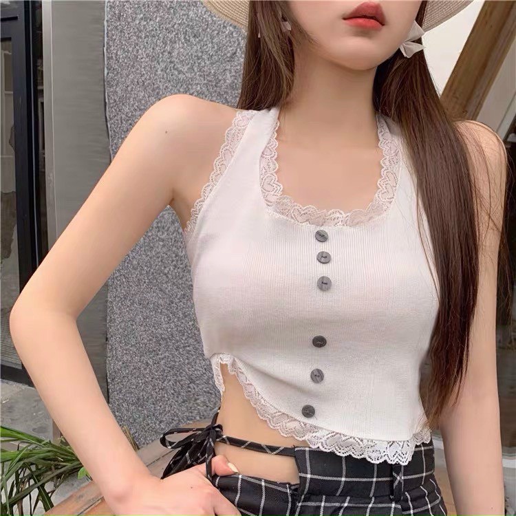 Xả hàng - Áo ba lỗ len viền ren đính cúc, Áo hai dây mỏng croptop AL5113 - NhiNhi Shop