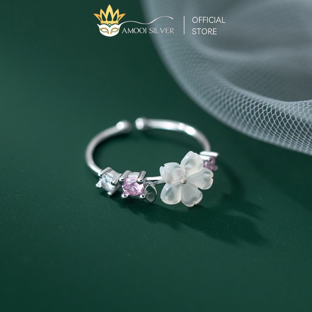 Nhẫn Bạc S925 Freesize Mẫu Hoa Anh Đào Xà Cừ Đính Đá - Amooi Silver AN92
