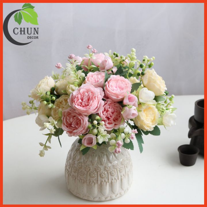 Hoa giả, cành hồng Anh Quốc 5 bông 4 nụ sang trọng trang trí nhà cửa, cửa hàng, văn phòng, làm đạo cụ chụp ảnh