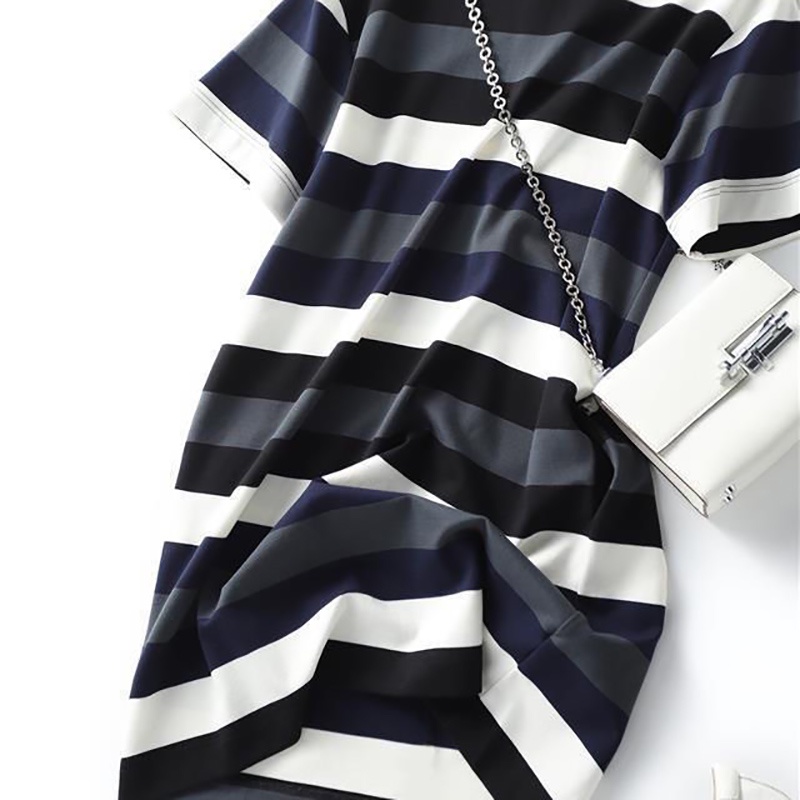 IELGY Đầm Thun T-shirt Tay Ngắn Cổ Tròn Họa Tiết Kẻ Sọc Thời Trang Hàn Quốc Dành Cho Nữ