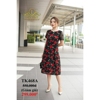 ĐẦM SUÔNG TRUNG NIÊN - ĐẦM SUÔNG CAO CẤP - LADYSHOP - Đầm suông voan hoa đỏ tay ren TK468A