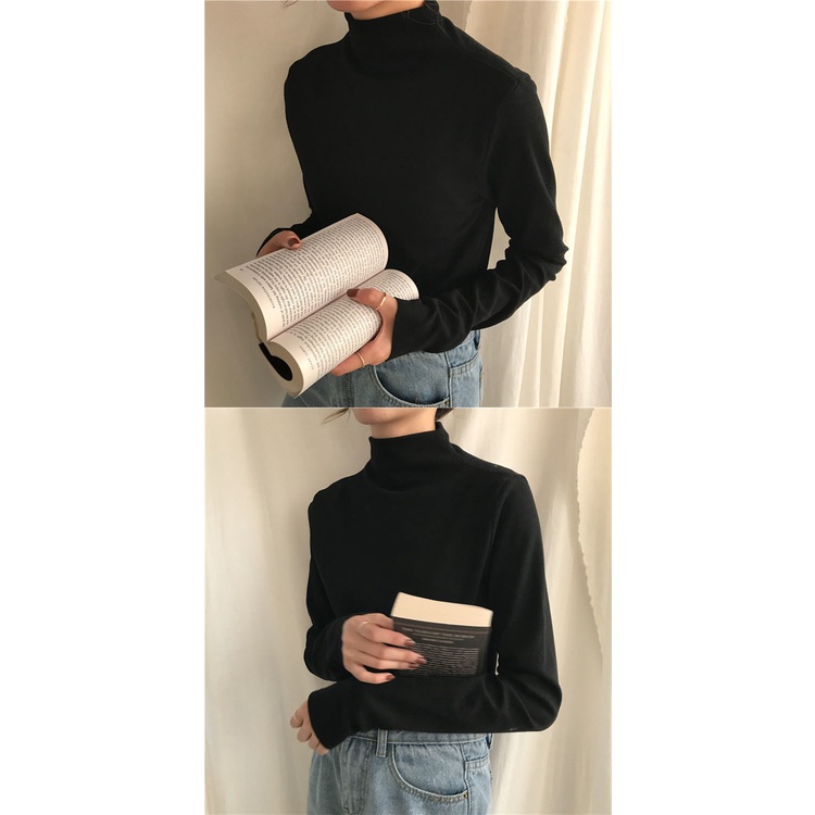 Áo thun tay dài cổ lọ màu đen dáng ôm thời trang thu đông cho nữ 2021