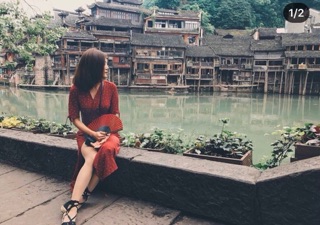 Đầm maxi bi đỏ cột eo - Hình thật