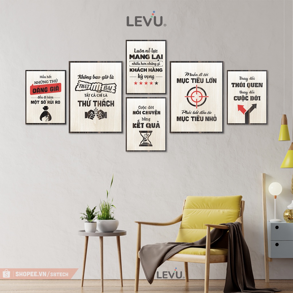 Bộ tranh động lực 6 tấm treo tường trang trí SB6N combo tranh treo tường gỗ 6 tấm