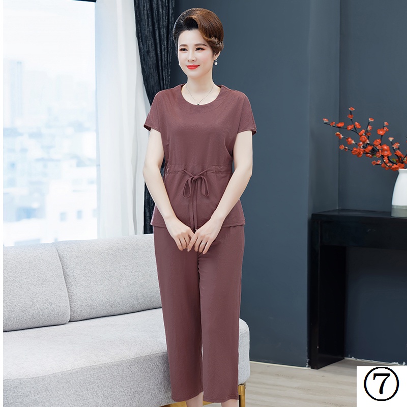 Set Áo Ngắn Tay + Quần Dài Ống Rộng Thời Trang Cho Phụ Nữ Trung Niên 40-50 Tuổi