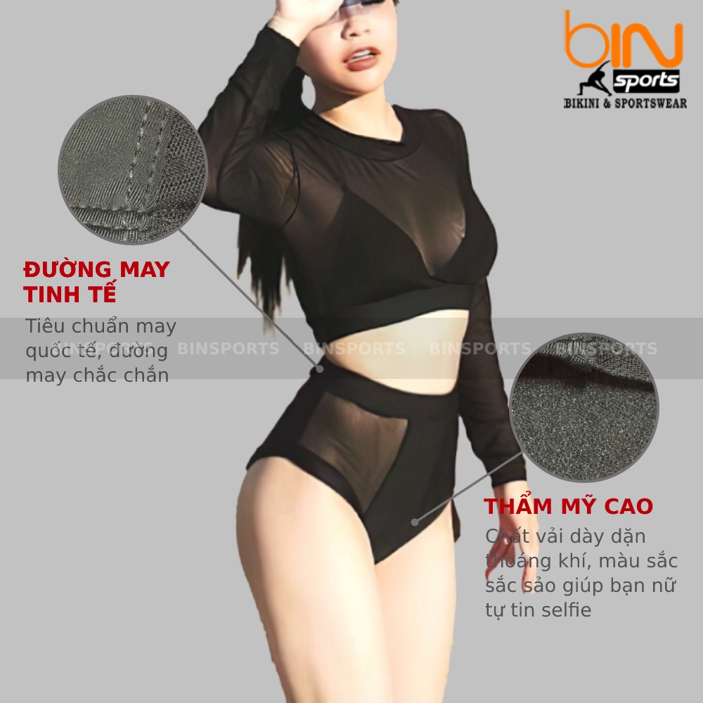 Bikini Nữ Hai Mảnh Tay Dài Phối Lưới Freesize Bin Sports BHV016