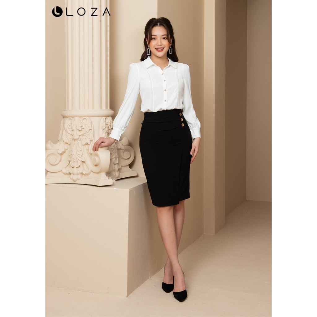 [Mã FASHIONMALLT4 giảm 15% đơn 150k] Áo sơ mi trắng phối nẹp ren-LOZA LS12005