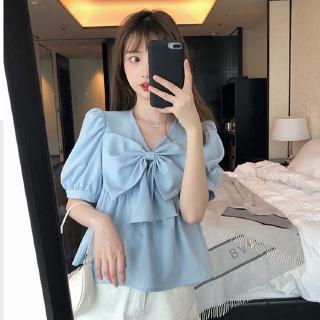 Áo Kiểu Nữ Cổ Chữ V Tay Phồng + Chân Váy Lưng Cao Thời Trang Hàn
