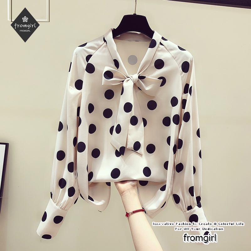 Áo Sơ Mi Chiffon Tay Dài Dáng Rộng Họa Tiết Chấm Bi Kiểu Retro Thời Trang Mùa Xuân Cho Nữ