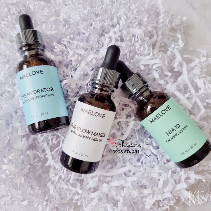 Tinh chất dưỡng da Maelove: Glow maker (vitCEF) - Nia 10(B3) - Hydrator B5 - Stargaze Retinol - Moonlight Retinal 30ml