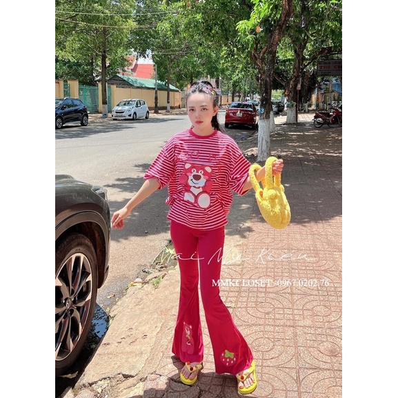 Set áo thun gấu sọc quần loa