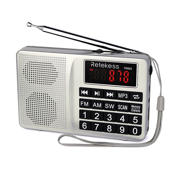 ۩Đài radio Retekess TR603 AM FM sóng ngắn điều chỉnh kỹ thuật số hỗ trợ máy nghe nhạc Mp3/thẻ TF Pin sạc Li-ion