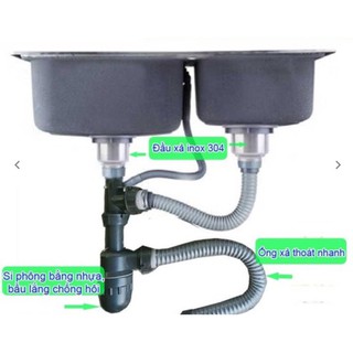 BỘ XẢ,XI PHÔNG CHẬU RỬA CHÉN 2 HỘC INOX 304 PHI 140mm