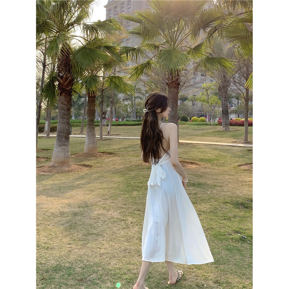 [ Sẵn]  Váy maxi trắng hở lưng siêu xinh đi biển du lịch mùa hè 2021