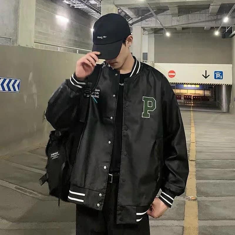 Áo bomber varcity jacket dạ phối tay da in chữ P from rộng, áo bomber thể thao nam nữ unisex, áo khoác bomber jacket...