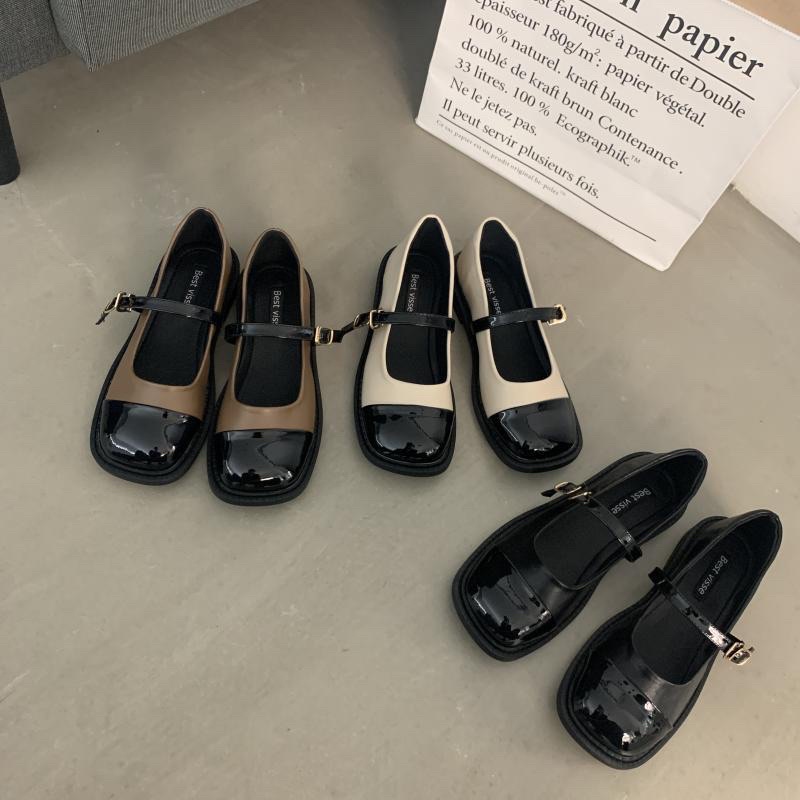 Giày búp bê hai màu quai ngang, giày bệt mũi vuông chất liệu da mềm thoải mái