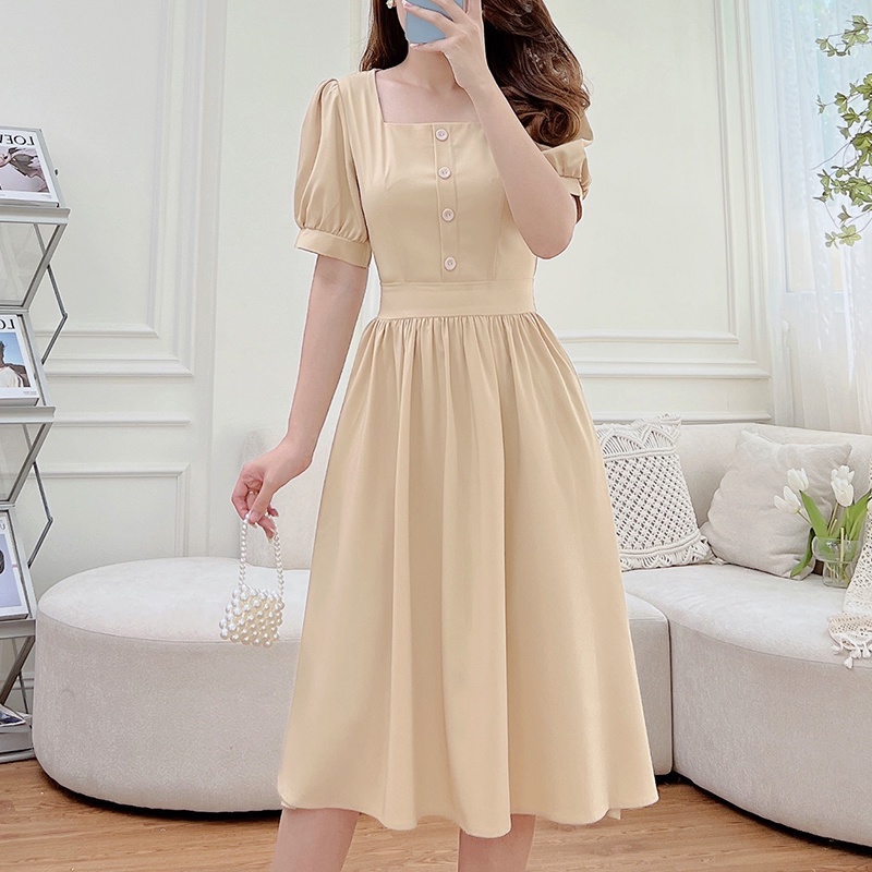 Váy nữ thiết kế tay ngắn cổ vuông, đầm dáng xòe nhẹ nhàng tiểu thư - Wexuu Design V09