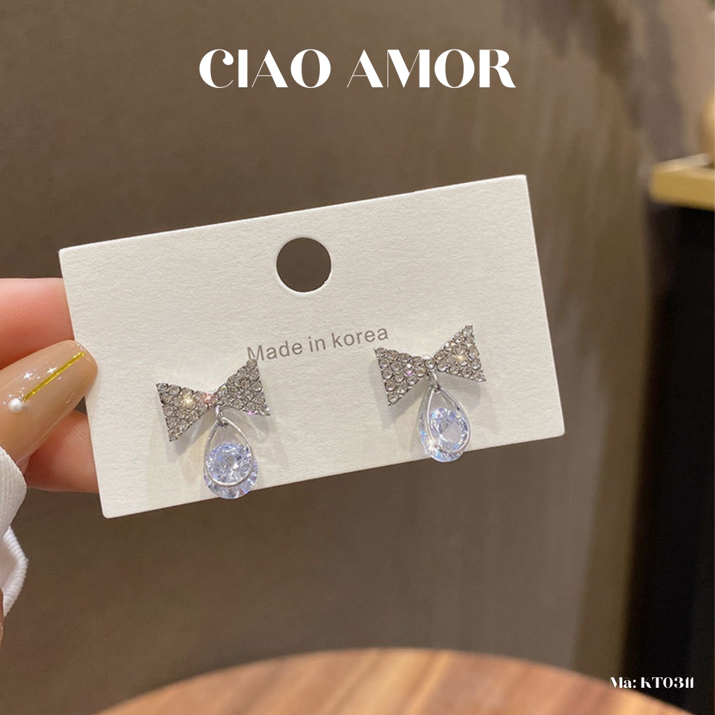 Khuyên tai nữ, Bông tai nữ nụ nơ bạc đính đá to dưới Trang sức Ciao Amor - KT0311