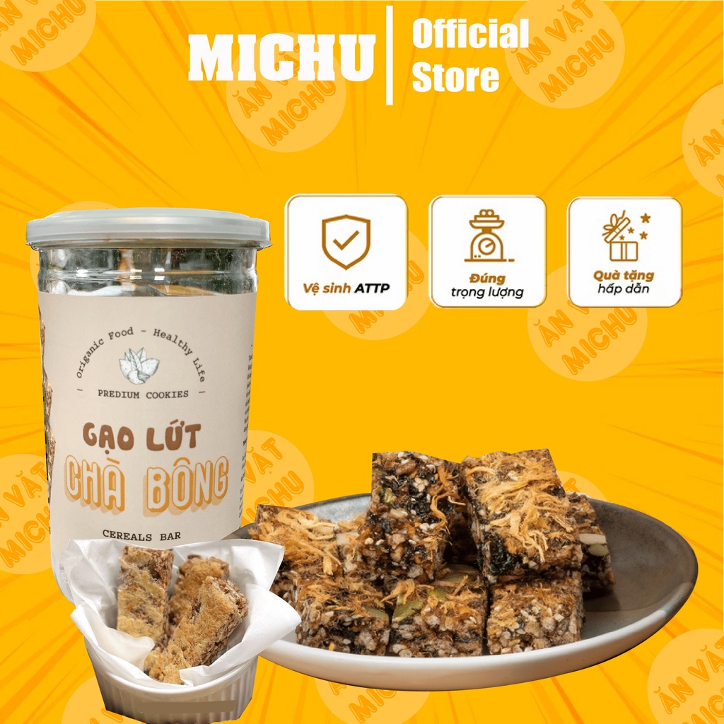 Gạo lứt chà bông thanh granola đồ ăn vặt healthy hũ 250g loại 1 cao cấp - Michu Food