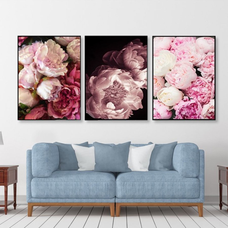 Tranh treo tường canvas mẫu đơn hoa lệ decor trang trí phòng khách và phòng ngủ có khung cao cấp bộ 3 bức khổ lớn 40x60