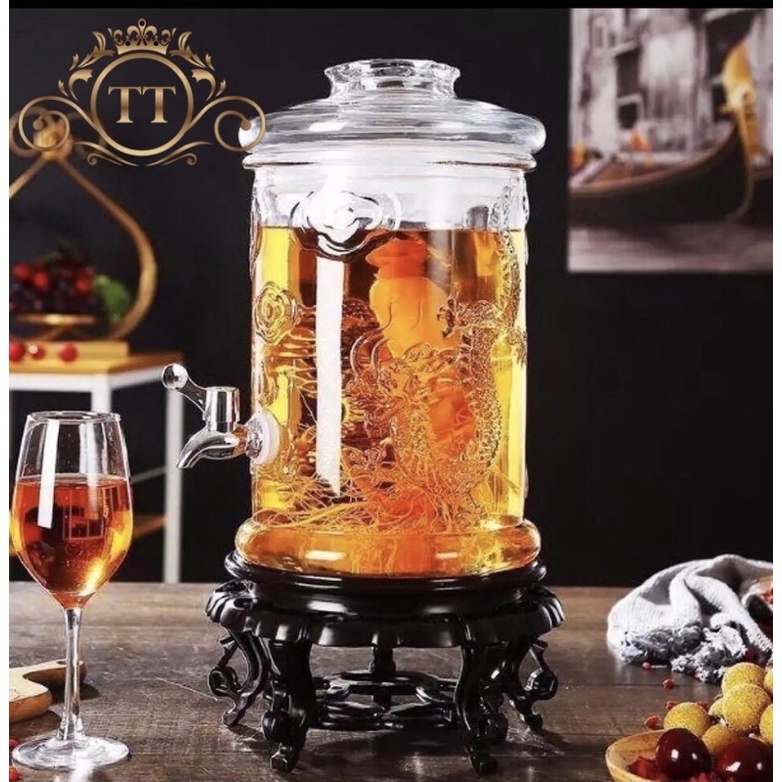 BÌNH NGÂM RƯỢU THỦY TINH DÁNG TRỤ CÓ HOA VĂN RỒNG 6Lít (Có van &amp; Không van)