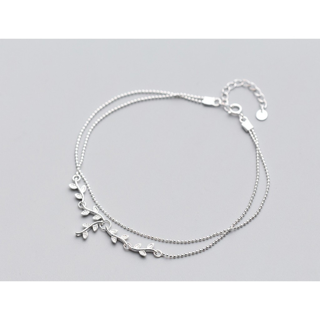 Lắc chân bạc nữ họa tiết lá oliu kép, lắc chân bạc 925 cho nữ