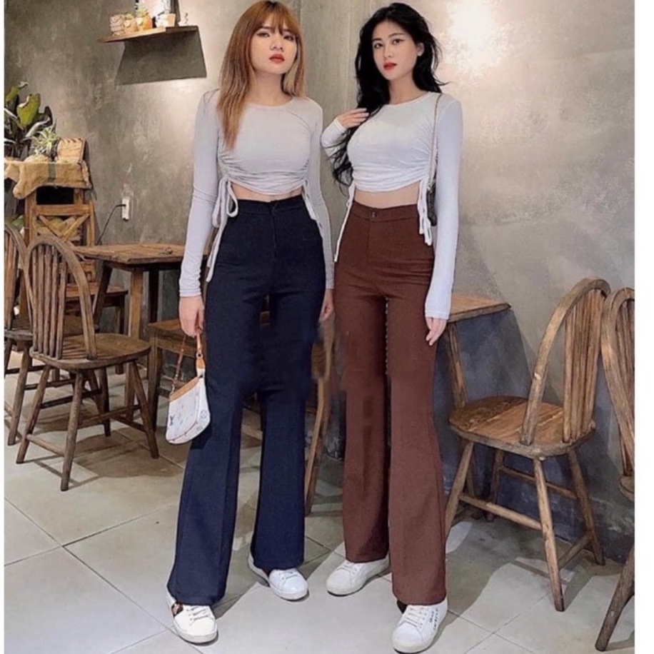 Quần ống loe cạp cao tôn dáng dài màu đen nâu chất vải tuyết mưa mềm Quần tây ống loe lưng cao hack dáng đi học công sở
