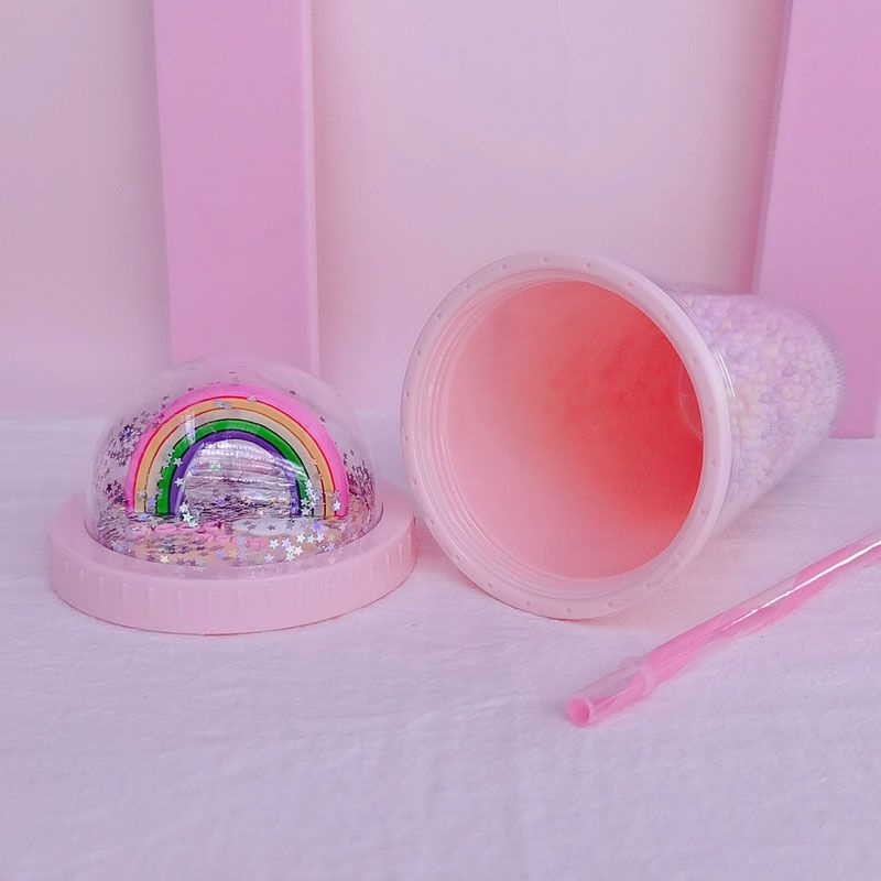 LY NƯỚC CẦU VÒNG HAI LỚP NHỰA GIỮ NHIỆT CÓ ỐNG HÚT VÀ BÔNG TUYẾT MÀU RAINBOW
