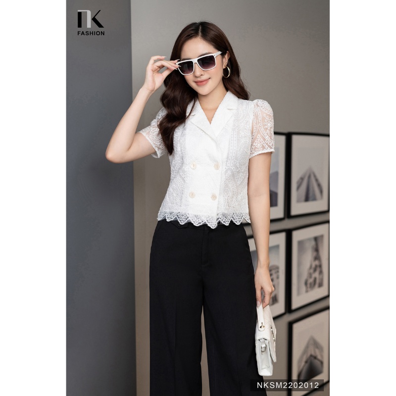 Áo Sơ Mi Ren Nữ NK Fashion Thiết Kế Giao Cúc Kết Hợp Vạt Áo Răng Cưa Hiện Đại, Trẻ Trung NKSM2202012