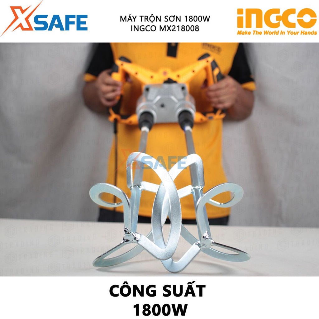 Máy trộn sơn INGCO MX218008 1800W tốc độ không tải 180-480rpm/250-650rpm, đầu nhôm, kèm 2 cần trộn