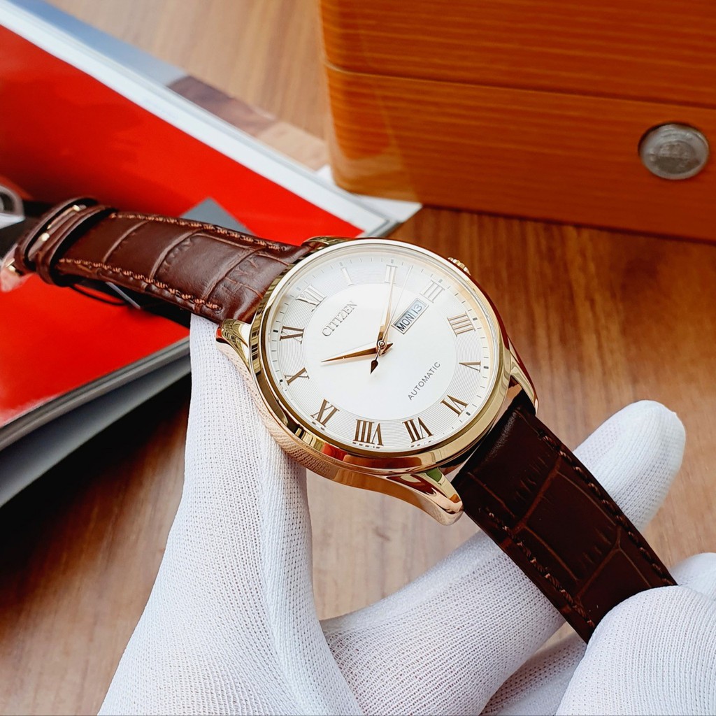 Đồng hồ Nam Citizen Automatic NH8363-14A Mặt trắng,Viền vàng,Lịch ngày-Máy cơ tự động-Dây da cao cấp-Size 41mm