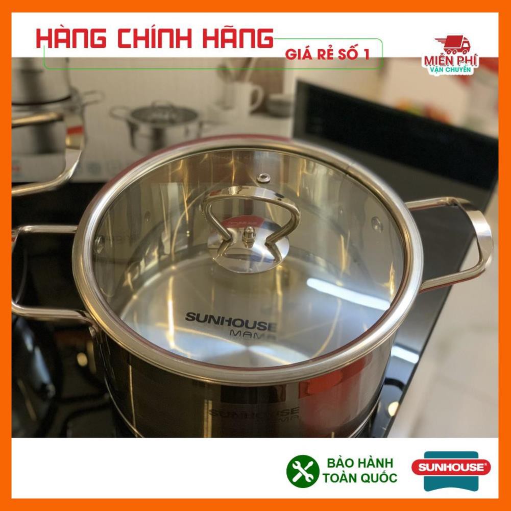 Bộ nồi Sunhouse Mama SH784, Bộ nồi inox Sunhouse SH784, đáy dùng cho bếp từ, 3 nồi kích thước: 16cm, 20cm, 24cm.