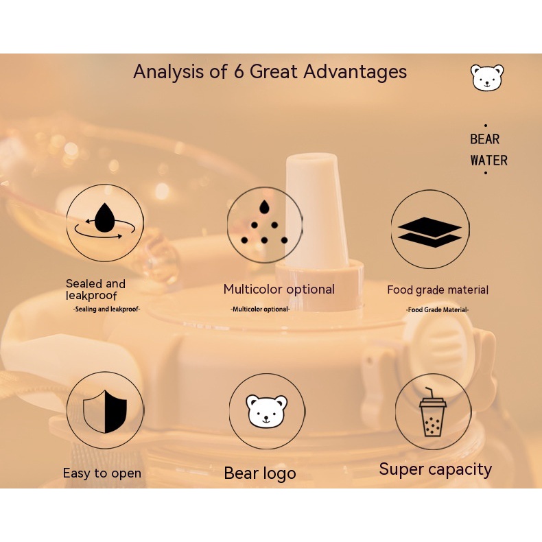 Bình Đựng Nước Cỡ Lớn Có Ống Hút Bằng Nhựa Hình Gấu Dễ Thương Sáng Tạo