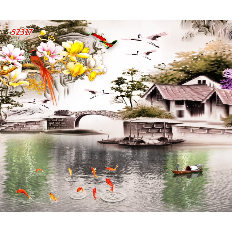 Tranh Dán tường 3D Phong Cảnh Làng Quê chân thực, mộc mạc, yên bình, thanh bình