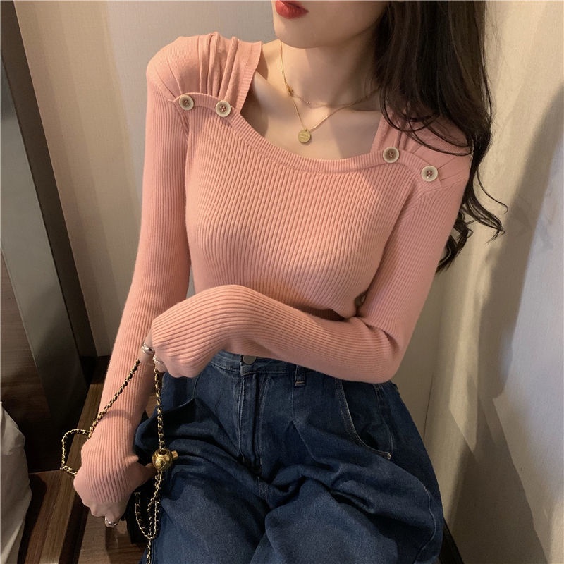 Áo Len Tay Dài Cổ Vuông Thời Trang Phong Cách Hàn Quốc Cho Nữ