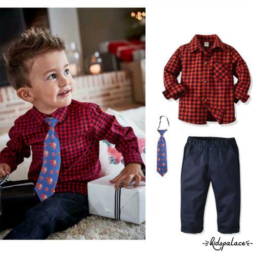 ➤♕❀❤2-9Y Newborn Baby Boy Christmas Clothes Sets Plaid T-shirt Tops+Tie +Long Pants Outfits Formal Set