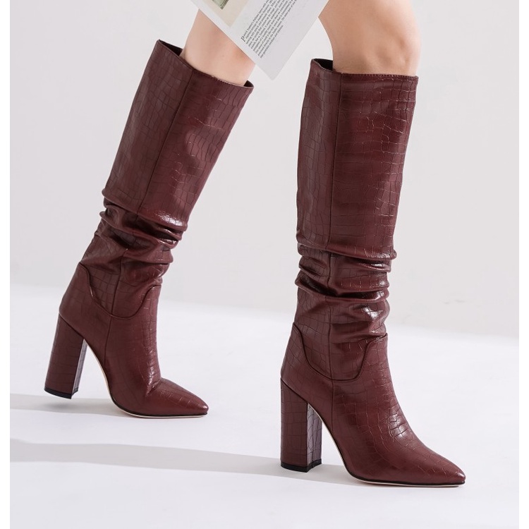 Giày Boot Cao Gót Mũi Nhọn Họa Tiết Vân Đá Phong Cách Retro Thời Trang Cho Nữ Size 34-43