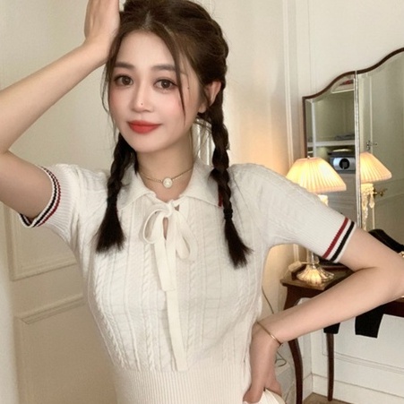 Áo kiểu ZHELIHANGFEI dệt kim tay ngắn cổ polo thắt nơ dáng ngắn phong cách đi học xinh xắn cho nữ