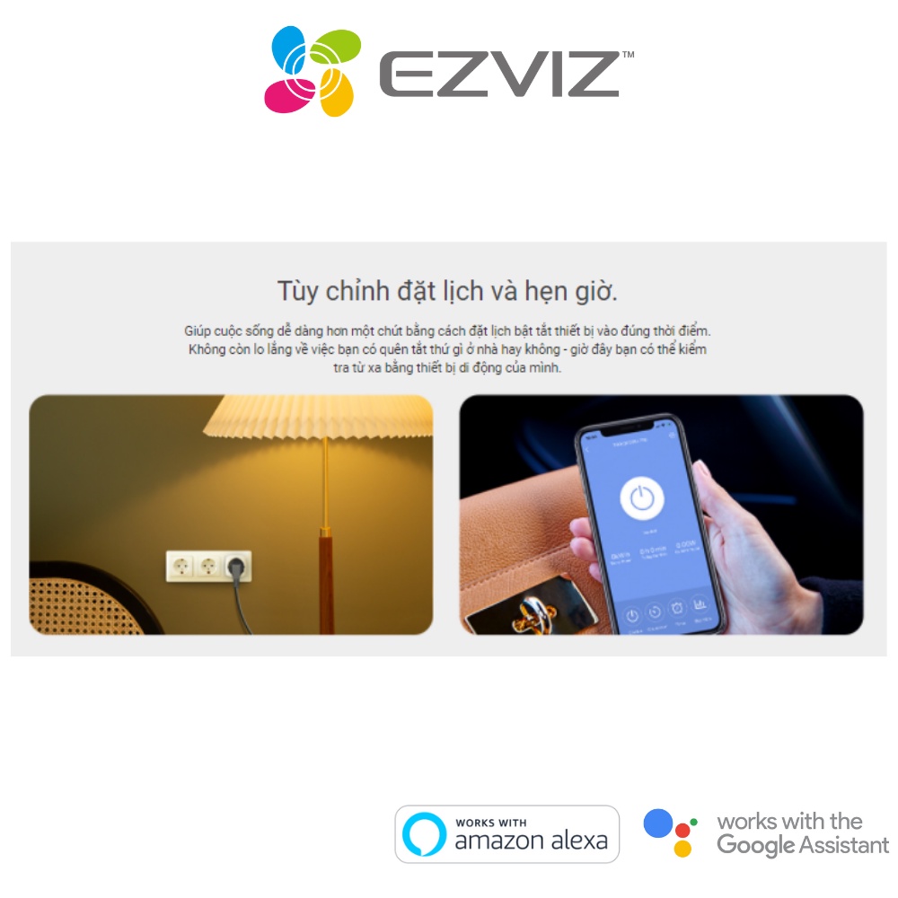 Ổ Cắm Thông Minh Wifi EZVIZ T30 10A, Điều Khiển Qua App + Giọng Nói, Đo Điện Năng, Hẹn Giờ, BH 1 Năm