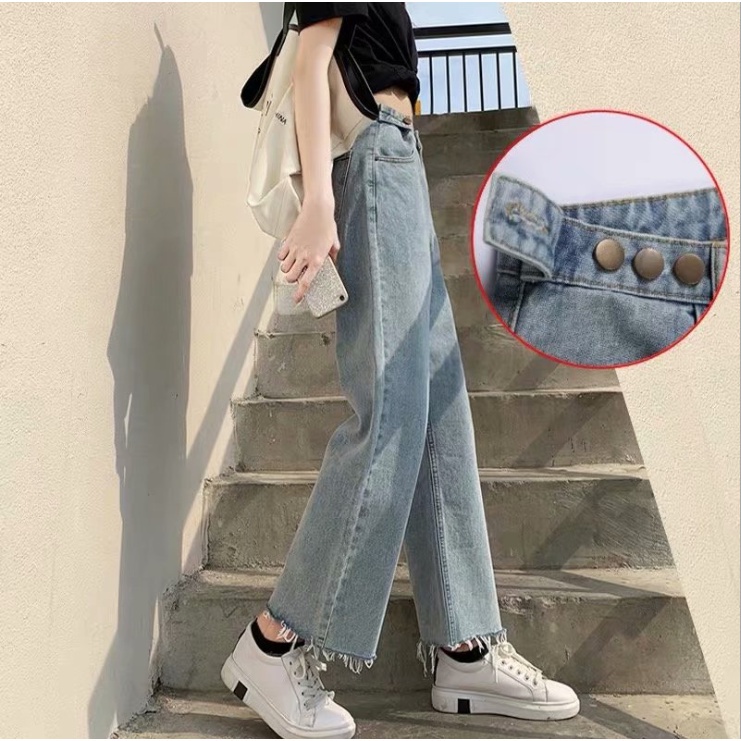 Quần jean nữ ống rộng dáng ulzzang Encanto quần ống rộng 3 cúc hông tà tua rua - HÀNG MỚI VỀ